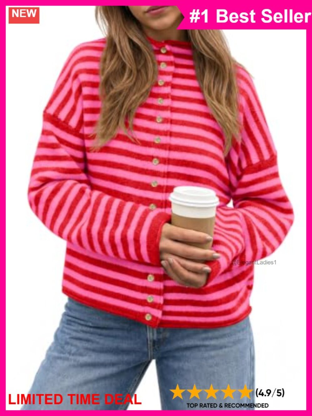 Striped Mock Neck Button Down Cardigan Long Sleeve Sweater Loose Fit Fall